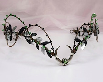 Fairy crown moon Gothic tiara Black and green headpiece Halloween tiara Dark elven crown Elf circlet Witch crown
