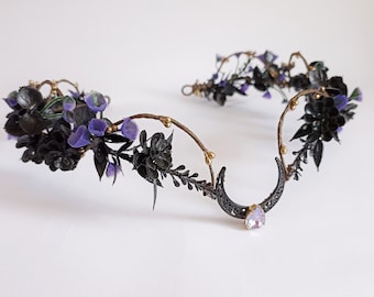 Black purple gothic flower crown Black moon goth tiara Dark fairy headpiece Black elven crown