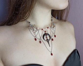 Gothic moon necklace Raven skull necklace Goth choker Gothic jewelry