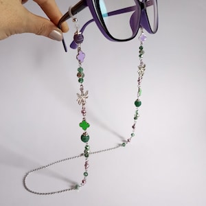 Fairy Garden eyeglass chain with green and purple beads Flower glasses chain Fairy glasses holder