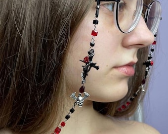 Gothic Eyeglass Chain with Skulls and Wrapped Crosses, Red  Black Beaded Glasses Holder, Vampire Witch Glasses Chain