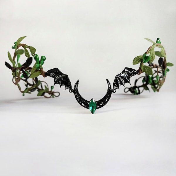 Black moon tiara with wings Woodland elf crown Gothic crown Halloween tiara Dark fairy headpiece Gothic circlet