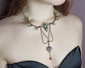 Woodland necklace with deer and antlers Elven jewelry