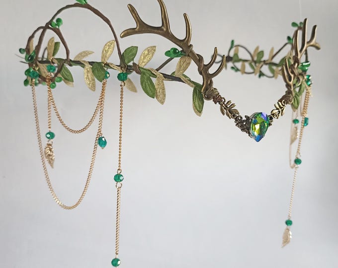 Elven antler crown green and gold with chains and pendants Woodland elven tiara Fairy crown Druid crown