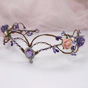 Elven fairy crown purple pink Woodland elf tiara Elven wedding headpiece