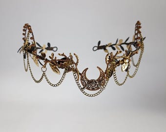 Moon Goddess Tiara – Gold and Black Elven Headpiece, Triple Moon Crown, Witchy Christmas Gift