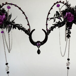 Black moon gothic flower crown with chains, purple rose tiara, dark fairy headpiece, fantasy wedding crown, witchy headpiece image 6
