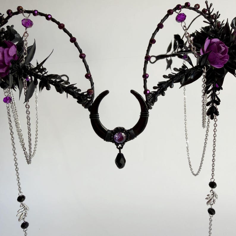 Black moon gothic flower crown with chains, purple rose tiara, dark fairy headpiece, fantasy wedding crown, witchy headpiece image 6
