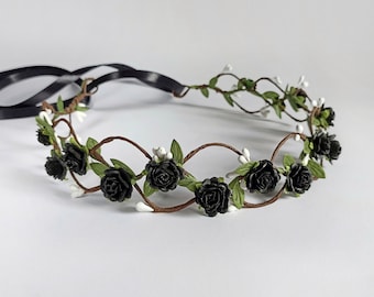 Small black gothic crown flower Black flower headpiece Dark fairy crown Goth wedding head piece