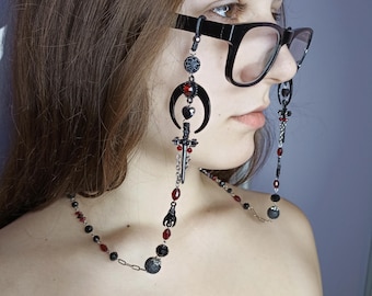 Goth glasses chain with black moon and sword  Glasses chain witchy  Eyewear chain Eyeglass chain