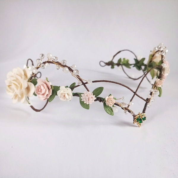 Elven flower tiara Fairy wedding crown Elf woodland tiara Elvish headpiece Faerie hairpiece