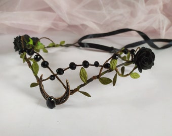 Black moon crown Moon tiara Halloween wedding headpiece Gothic circlet Elven fairy crown Goth wedding crown