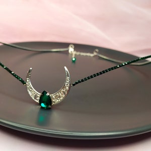 Moon headpiece green Moon tiara emerald Halloween wedding headpiece Gothic circlet Elven fairy crown Goth wedding crown