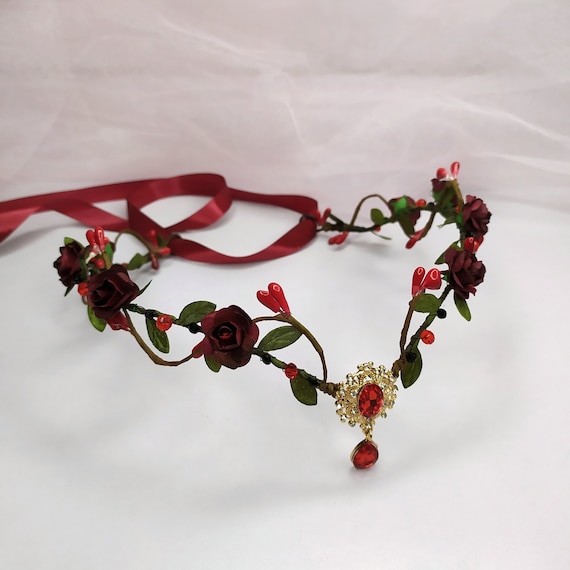 Gothic Blumen Stirnband Mit Roter Rose – Halloween Tiara & Hexen-Kopfbedeckung