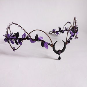 Black moon crown Gothic tiara Moon tiara purple Black fairy headpiece Dark elven crown Witch crown