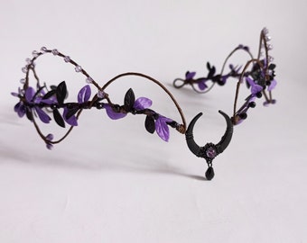 Black moon crown Gothic tiara Moon tiara purple Black fairy headpiece Dark elven crown Witch crown