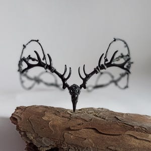 Raven skull crown with black deer antlers  Gothic black crown for men Elven black tiara Witch headpiece