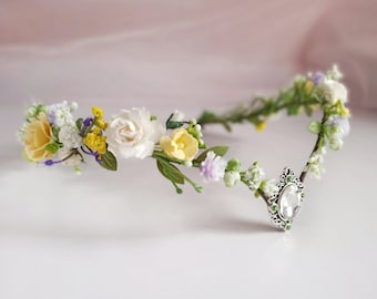 Fairy flower crown yellow Elven crown for women Elvish tiara wedding Elven circlet