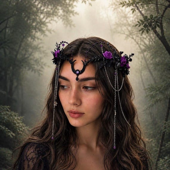 Black moon gothic flower crown with chains, purple rose tiara, dark fairy headpiece, fantasy wedding crown, witchy headpiece