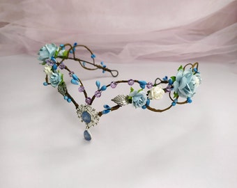 Couronne de fées elfique pour femme Diadème d'elfe Couronne elfique bleue Couronne florale elfique