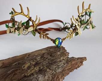Elven Antler Tiara Gold - Forest Green Crown with Gold Leaves, Fantasy Antler Headpiece, Gothic Cosplay Headband, Elvish Tiara for Festivals