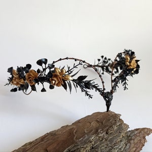Black gothic tiara with golden flowers Raven skull crown gold and black Elven tiara Witch headpiece Dark fairy crown Goth accessories