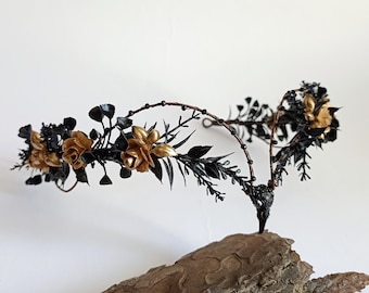 Black gothic tiara with golden flowers Raven skull crown gold and black Elven tiara Witch headpiece Dark fairy crown Goth accessories