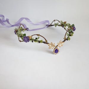 Elven Flower Tiara with Purple Roses and Gold Leaves – Woodland Fairy Crown for Fantasy Wedding or Renaissance Festival,  Elvish headpiece