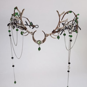 Elf Crown with Antlers, Woodland Fairy Tiara, Druid Headpiece, Elven Circlet with Horns, Gothic Fantasy Wedding Crown