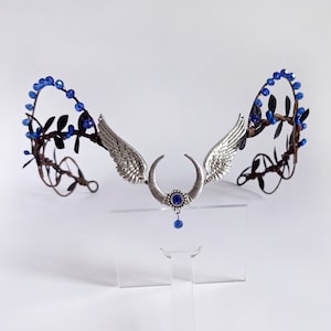 Blue moon tiara with wings Woodland elf crown Gothic crown Dark fairy headpiece Gothic circlet Elven tiara