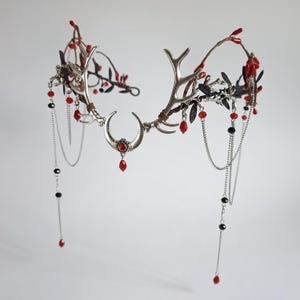 Fantasy Antler Crown with Crescent Moon, Red Beads and Chains - Gothic Elven Tiara for Cosplay, Renaissance Faire, or Forest Queen Costume
