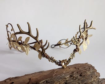 Elven antler crown Gold elven tiara Fantasy woodland headpiece for Renaissance Faires cosplay & weddings