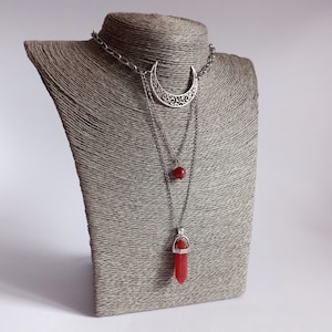 Gothic choker Crescent moon necklace with red tourmaline  Goth choker Witch necklace