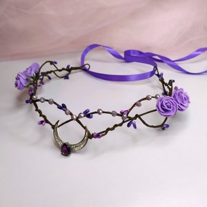 Purple moon tiara Moon crown Woodland elven crown Elf tiara Elven fairy crown Moon headpiece