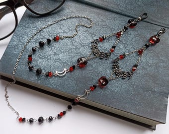 Vampire Witch Glasses Chain – Gothic Eyewear Holder with Blood-Red Beads & Crescent Moons – Occult Jewelry for Reading Glasses