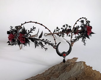 Burgundy and black gothic flower crown Black moon goth tiara Elven tiara Witch headpiece Dark fairy crown Goth accessories
