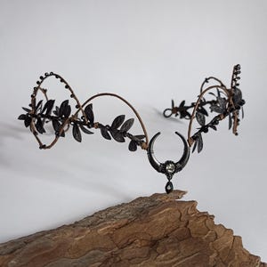Black moon gothic tiara  Dark forest headpiece Dark elven crown Fantasy bridal headband Witchy festival costume accessory