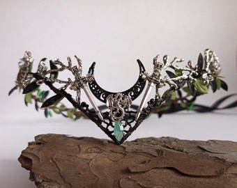 Magical dragon tiara with moon and swords Gothic crown Elven woodland tiara Black goth headpiece