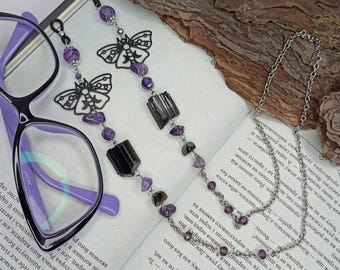Gothic glasses chain with amethyst beads and raw black tourmaline stones Glasses chains witchy Eyewear chain Eyeglass chain