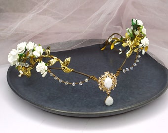 Elven fairy crown with white flowers and gold leaves Elven flower crown wedding Elf tiara