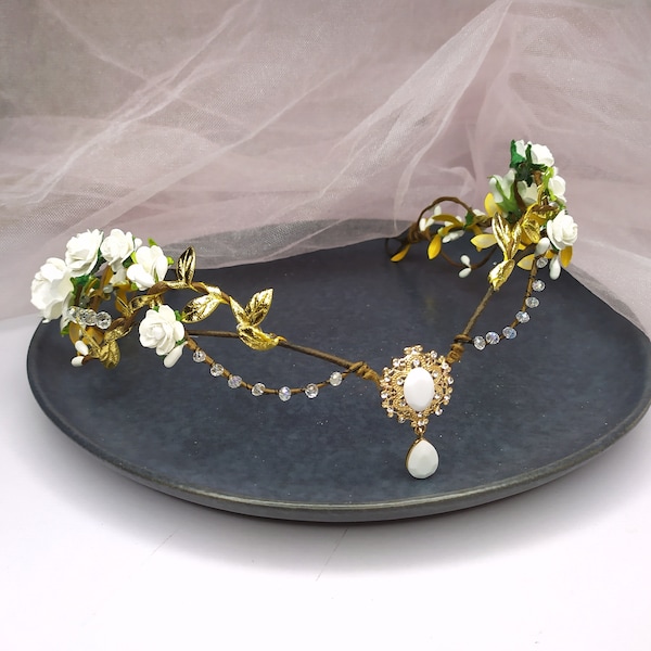 Elven fairy crown with white flowers and gold leaves Elven flower crown wedding Elf tiara