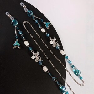 Mermaid Glasses Chain – Ocean Blue Eyeglass Holder with Pearls, Stainless Steel Chain, Mermaid, Whale Tail Charms – Fantasy Eyeglass Lanyard