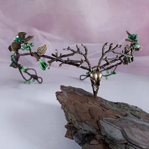 Raven skull tiara with branches Witch headpiece Gothic circlet Dark fairy crown