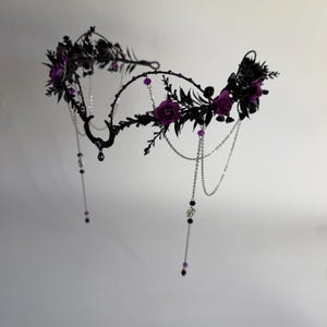 Black moon gothic flower crown with chains, purple rose tiara, dark fairy headpiece, fantasy wedding crown, witchy headpiece image 7