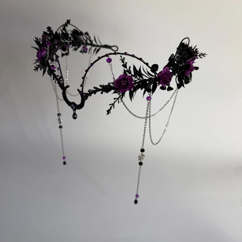 Black moon gothic flower crown with chains, purple rose tiara, dark fairy headpiece, fantasy wedding crown, witchy headpiece image 7