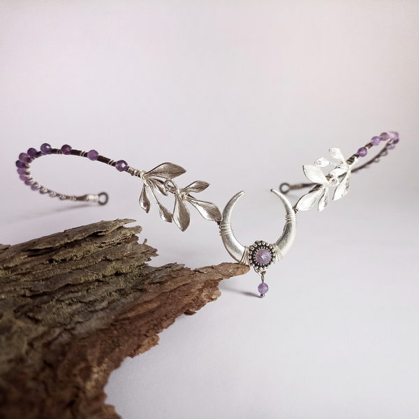 Moon tiara with amethyst Purple elven crown Gothic headpiece Elvish circlet Witch crown