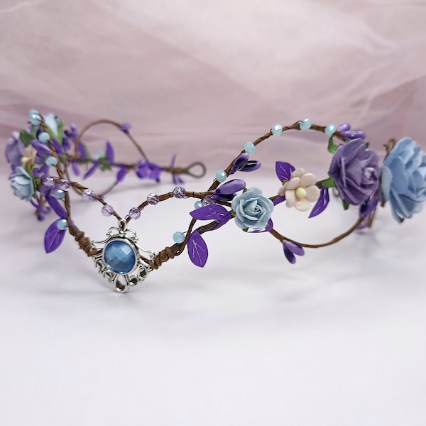 Purple and blue fairy crown Woodland elf tiara Elvish tiara Elven circlet headpiece Elven wedding headpiece