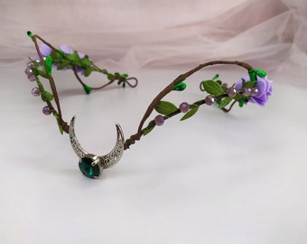 Diadème lune vert avec fleurs violettes Couronne elfique des bois Couronne fée elfe