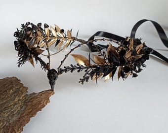 Black Gold Raven Skull Tiara – Gothic Crown, Dark Fantasy Headpiece, Halloween Costume, Witch Wedding, Cosplay Festival Tiara