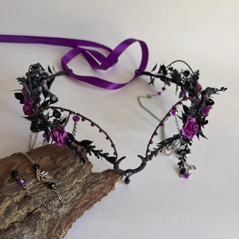 Black moon gothic flower crown with chains, purple rose tiara, dark fairy headpiece, fantasy wedding crown, witchy headpiece image 11